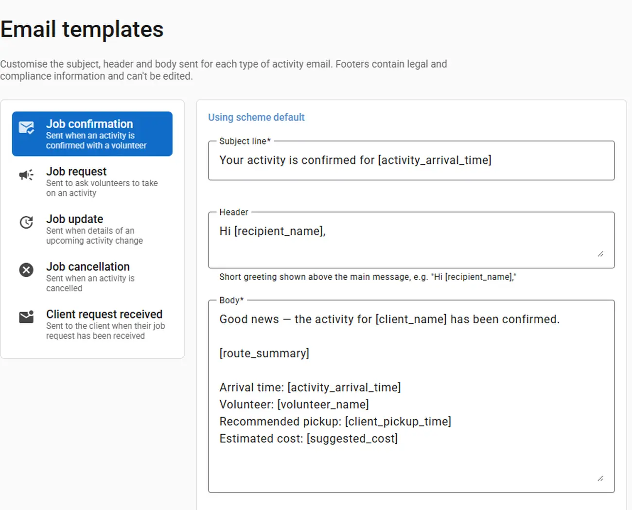 Via's email template editor, showing the job confirmation template being edited alongside its available variables.