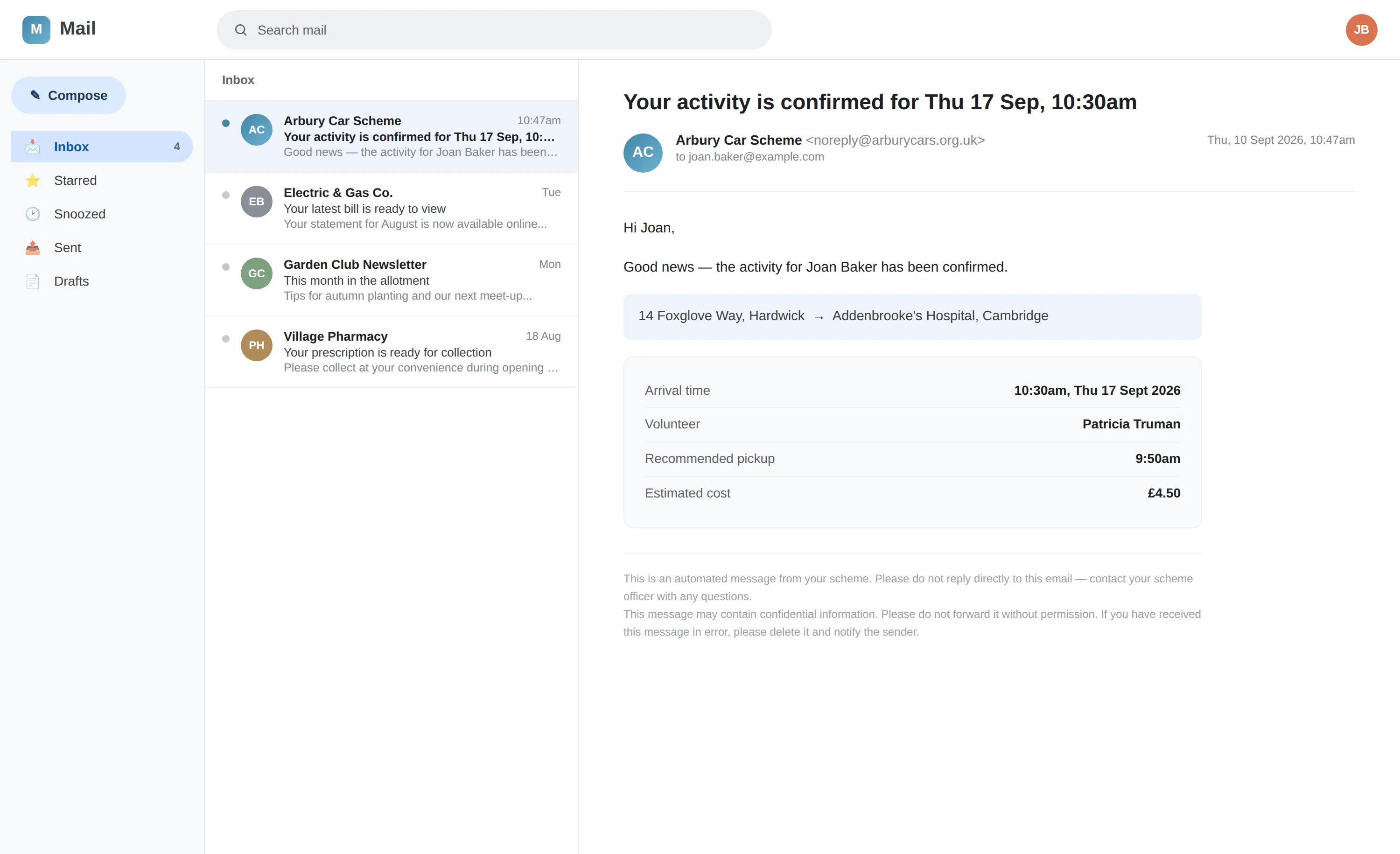 A Via booking confirmation email as a passenger sees it in their inbox, showing the pickup, arrival time, volunteer and estimated cost.