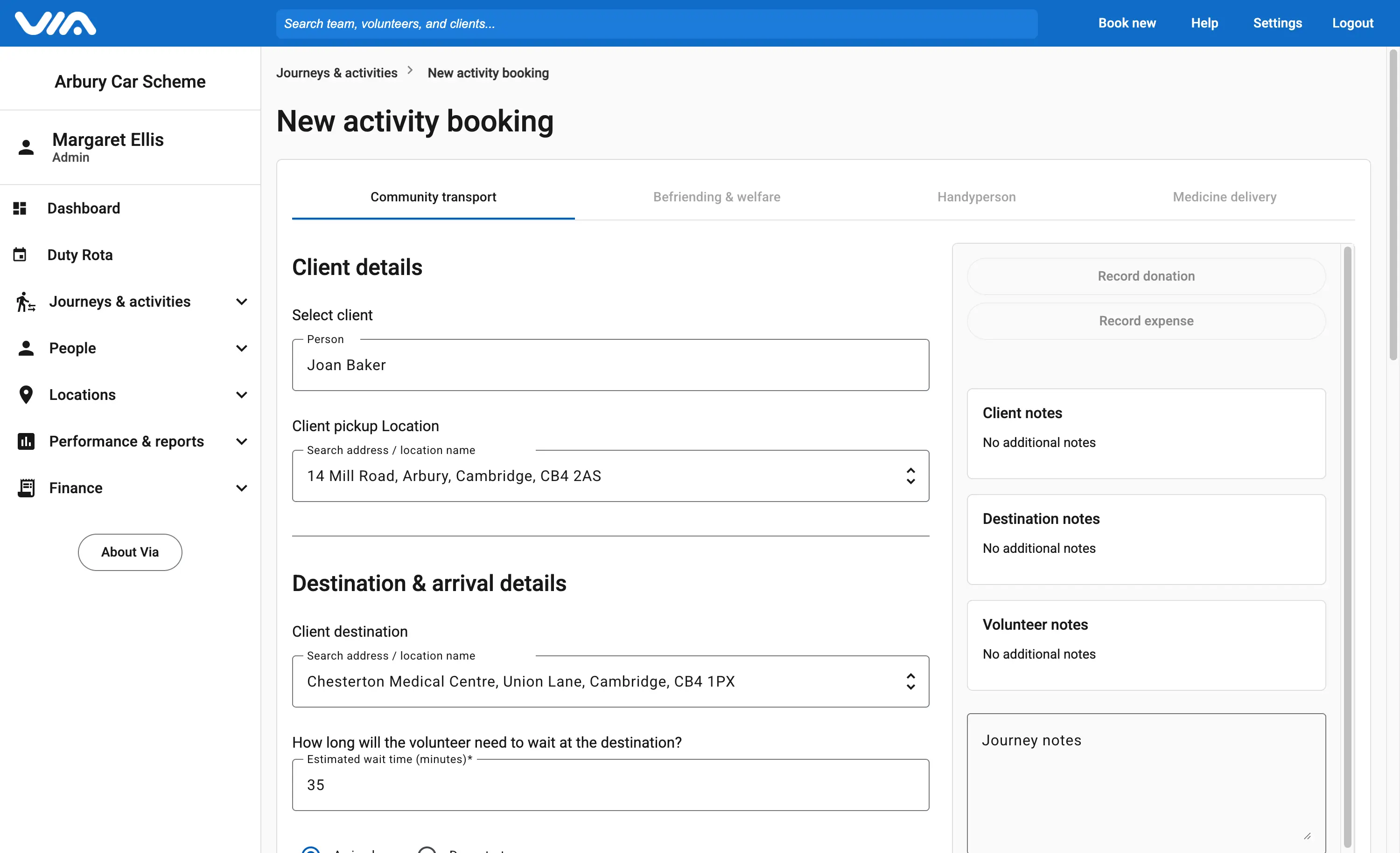 Via's booking form, with a passenger, pick-up address, destination and arrival time filled in.