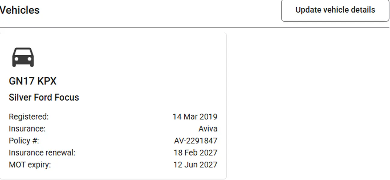 A vehicle record in Via, showing its registration, insurer, policy number, and its insurance renewal and MOT expiry dates.